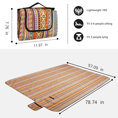 Hi Space Picnic Blankets Outdoor Waterproof Foldable Vintage Pattern Beach Picnic Blanket Picnic Mat Extra Large 80''x60'' Washable Park Blanket for Grass Lawn Camping (Vintage Striped) - color: Vintage Striped
