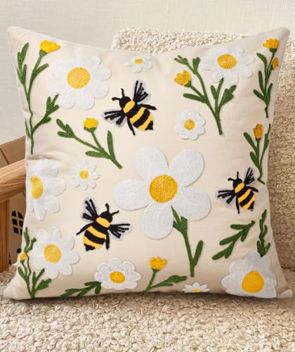 Embroidered Throw Pillow Cover 20x20 Inch - Spring Summer Boho Decorative Pillow Cover with Zipper for Living Room Couch Sofa Bed Aesthetic Design Flower Bee Cushion Pillowcase - color: Flower Bee, size: 20" x 20" (Pack of 1)