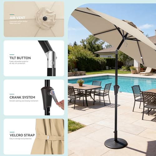 HASLE OUTFITTERS 7.5ft Patio Umbrella,Outdoor Table Umbrellas w/Heavy Duty Ribs, Effortless Crank and Push Button Tilt, Wind Resistant Sun Umbrella for Garden, Deck, Backyard, Pool, Beige - color: Beige-Round