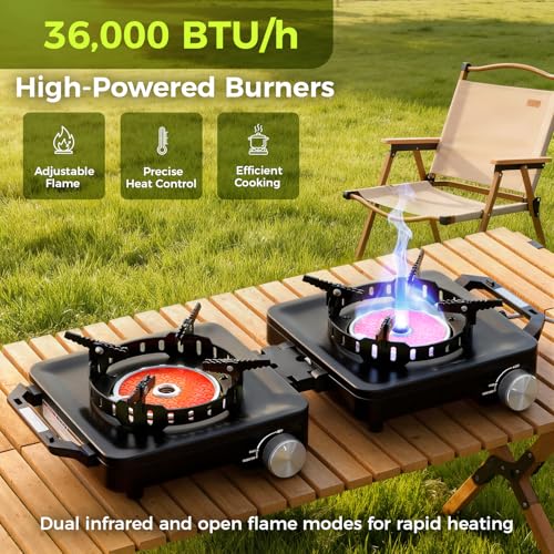 MoKo Propane Camping Stove 2 Burner, 36,000 BTU Infrared & Open Flame Hybrid, Windproof Folding Portable Outdoor Gas Cooking Kit with Frying Pan & Carry Bag For RV, Tailgating, Survival, Black - color: Black