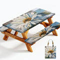 Picnic Table Cover with Bench Covers Elastic Edges, Outdoor Patio Camping Essentials 72 Inch 3PCS, Waterproof Camping Fitted Tablecloth with Handbags (Wood flower) - color: Wooden board watercolor chrysanthemums