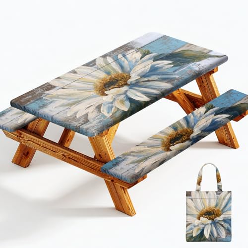 Picnic Table Cover with Bench Covers Elastic Edges, Outdoor Patio Camping Essentials 72 Inch 3PCS, Waterproof Camping Fitted Tablecloth with Handbags (Wood flower) - color: Wooden board watercolor chrysanthemums