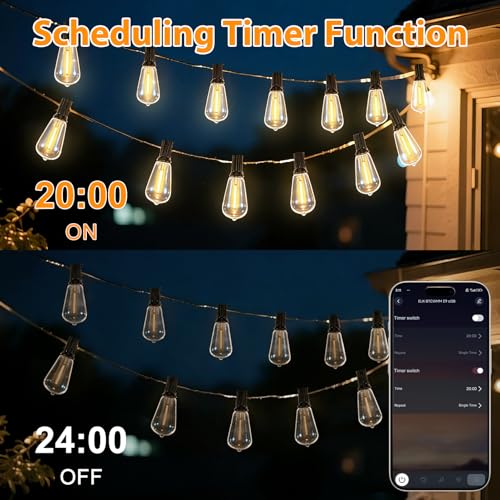 LumBelle Smart Outdoor String Lights, 100FT ST38 LED Patio Lights with Timer Remote APP Control, 42 Shatterproof LED Bulbs (2 Spare), Dimmable Waterproof Hanging Light for Backyard Porch Party Decor - size: 100FT