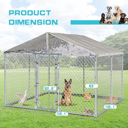 10ft×10ft Outdoor Large Dogs Kennels Enclosure - Outside Dog Cage with Waterproof roof Cover, Galvanized Steel Dogs House Fence Playpen with Lockable Door for Patio Backyard Farm Gardens - size: 118"D×118"W×83"H