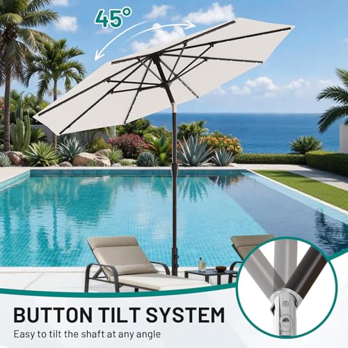 AreShark 9FT Patio Umbrella with Solar Lights, 32 Lighted Pool Umbrella w/Tilt and Crank, Outdoor Market Solar Umbrellas for Garden, Deck, Backyard, Pool and Beach, Cream-White - color: Cream-White, size: 9 Ft