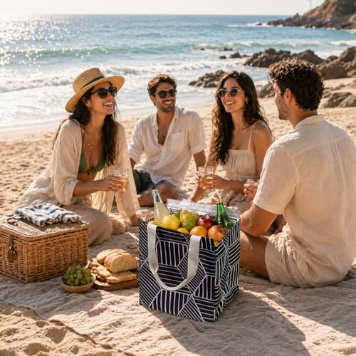 iknoe Insulated Lunch Bag for Women & Adults, 9L Foldable Wide-Open Cooler Bag with Pockets, Leakproof & Portable, for Picnic, Office, Beach, Black Rhombus - color: Black Rhombus, size: Velcro Closure