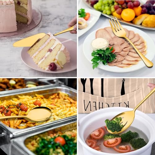Serving Utensils, XEVOM 6-Piece Stainless Steel Serving Utensil Set Include Serving Spoon, Slotted Serving Spoon, Serving Fork,Serving Tong, Appetizers Tong,Pie Server(Gold) - color: Gold