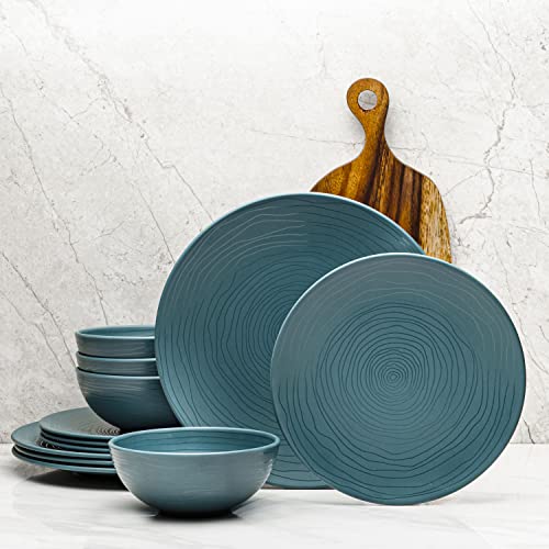 Bzyoo 12 Piece Melamine Dinnerware Set - Durable, Dishwasher Safe Plates and Bowls - Casual Dining, Parties, Blue Dish Set Organica Blue Collection - color: Organica Blue