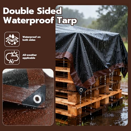 10x12 FT Tarp Waterproof, 16 Mil Tarps Heavy Duty Waterproof Multipurpose Protective Cover UV Resistant Rip & Tear Resistant with Grommets Reversible for Home Boats Cars Camping - color: Brown/Black, size: 10x12