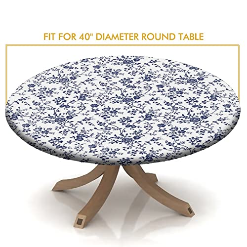 Blue Floral Fitted Tablecloth Round with Elastic, Pastoral Style Floral Spring Edge Table Cover Pad for Outdoor Picnic Party or Indoor Kitchen Patio Dining Table Decor Fits Tables Up to 40" Diameter - color: Blue, size: 36" (Round)