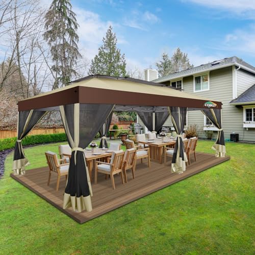 COBIZI 10x20 Pop up Gazebo, One-Push Setup Canopy Tent with Mosquito Netting & Vented Roof Design, Upgrade Metal Easy up Canopy Carpa Outdoor Gazebos for Backyard Camping Deck Party(Khaki & Brown) - color: Khaki & Brown, size: 10x20 FT Upgraded