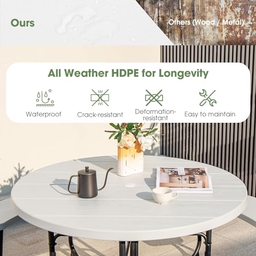 Round Picnic Table for Outdoors, 8 Person Outdoor Picnic Tables & Benches Set with Umbrella Hole, HDPE Tabletop & Metal Frame, 2000 LBS Capacity Table Bench Set for BBQ, Garden, Lawn, Patio - color: White