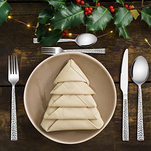 E-far 50-Piece Hammered Silverware Set, Stainless Steel Square Flatware Set Service for 10, Tableware Cutlery Set Includes Forks Spoons Knives, Modern Design & Mirror Polished - Dishwasher Safe - size: 50-Piece for 10