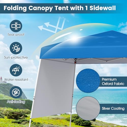 Tangkula 10x10 FT Pop Up Canopy with Sidewall, UPF 50+ Easy Setup Outdoor Tent with Backpack, 4 Stakes, Portable Heavy-Duty Canopy Tent for Party Events Camping Picnic, 10x10 Base, 8x8 Top - color: Blue, size: 10x10 Ft
