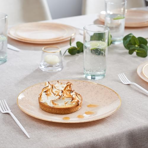 PLASTICPRO 32 Pack Elegant Disposable Plastic Plates Combo Set Includes 16 Dinner Plates and 16 Salad Plate Heavy Duty Fancy Party Plates Pink Granite Plate with Gold rim - color: Granite Collection Pink With Gold Rim