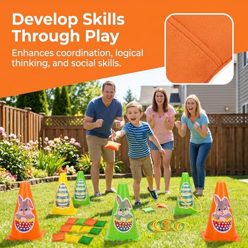 4-in-1 Plastic Carnival Party Games Set,Includes Ring Toss Games, Bean Bag Toss Games, Cones & 3-Legged Race Games, Sports & Outdoor Game Toys for Backyard, Birthday & Family Party