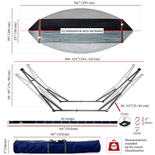 Tranquillo Combo x2 Hammocks with Stand for Outside & Tree Straps, Heavy Duty Hammock with Stand 600lbs for Indoor Outdoor Patio Backyard, x2 Hammocks for 2 Person (Combo - Black, Medium) - color: Combo - Black