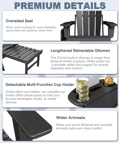 NAVINE Adjustable Adirondack Chair with Retractable Ottoman Set of 8, HDPE Folding Adirondack Chair with Cup Holder, All Weather Fire Pit Chair for Outdoor. - color: Black, size: 8 pcs