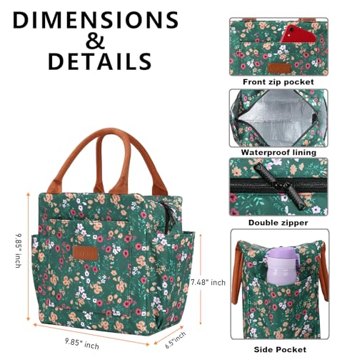 Joymee Lunch Bag Women Insulated Lunch Box Reusable Leakproof Large Spacious Cooler Tote for Women Men Adult with Bottle Holder and Side Pockets for Work Office Travel Picnic -Green Floral - color: 04 Green Floral