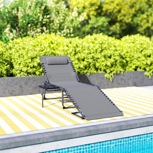 Outsunny Folding Chaise Lounge Chair Outdoor Tanning Chair with Side Table, 5-Level Adjustable Beach Lounge Chair with Headrest, Side Pocket for Patio, Backyard, Beach, Poolside, Gray - color: Grey
