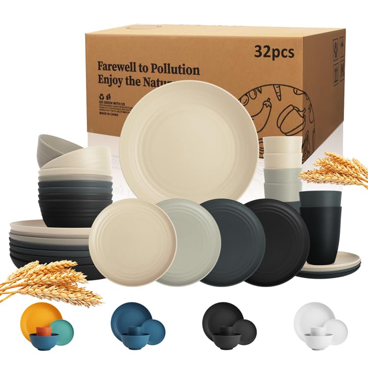 Wrova 32-Piece Wheat Straw Dinnerware Sets for 8, Dishwasher Safe Unbreakable Kitchen Bowls and Plates Sets with Cups, Alternative to Plastic Dish Sets for Camping, Dorm, R.V. Black & Grey - color: Black to Grey, size: 32 Pack