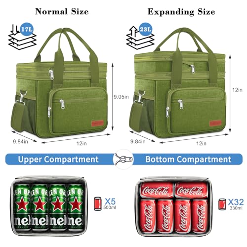 Coobiiya Insulated Lunch Box for Men & Women, Leakproof Lunch Bag Cooler Bag with 4 Pockets,Heavy Duty Lunch Bags Men Cooler Bags for Camping, Travel, Work Kayaking & Beach - color: Green, size: X Large – 23L (Double-Layer)