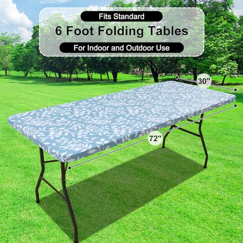 misaya Rectangle Vinyl Tablecloth, Fitted Table Cover, 100% Waterproof, Elastic Edge, Flannel Backing, Plastic Table Cloth Fit 6 Foot Folding Tables for Picnic, Camping (Blue Leaves, 30x72 inch) - color: Baby Blue, size: 72" x 30" (Rectangular)