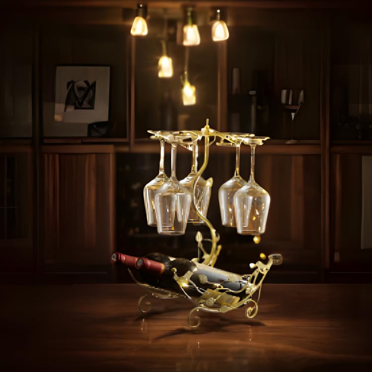 Wine Rack with Glass Holder-Hold 2 Wine Bottles and 6 Glasses - size: new-medium