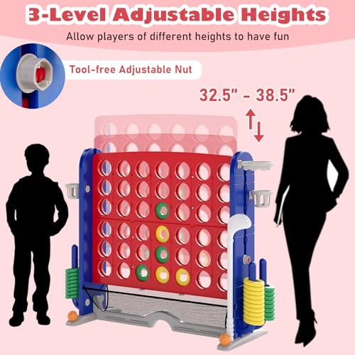 Costzon Giant 4-in-A-Row Connect Game, Height Adjustable 4-in-1 Jumbo 4-to-Score Yard Game with Golf, Ring Toss, Basketball, Cup Holder & Mesh Net, Indoor Outdoor Game for Kids Adults Family Party - color: Red/Blue