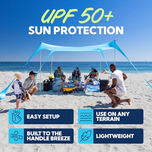 SUN NINJA Beach Tent Sun Shelter UPF50+ - Easy Pop Up Beach Canopy - Outdoor Shade for Camping Trips, Fishing, Backyard Fun Picnics - Sand Shovel, Ground Pegs & Stability Poles - color: Turquoise, size: 5x5 FT 4 Pole