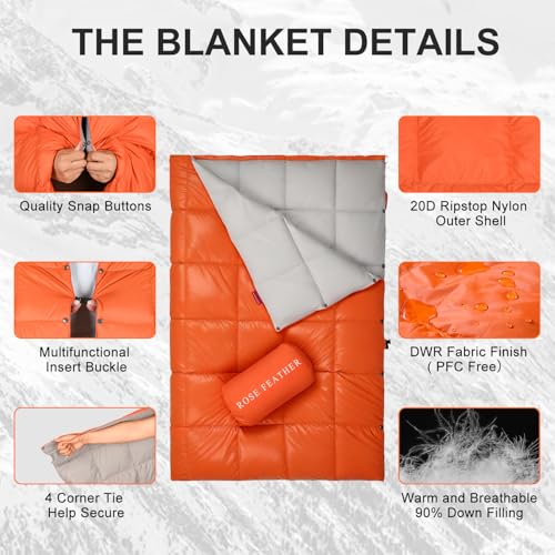 Down Camping Blanket - Lightweight, Packable, Warm & Puffy Outdoor Travel Quilt for Sleep, Hiking, Backpacking, Stadium, Festivals, Water-Resistant Sleeping Bag 55"x79" - color: Sunset Orange, size: 1LB 6OZ / 79" x 55"
