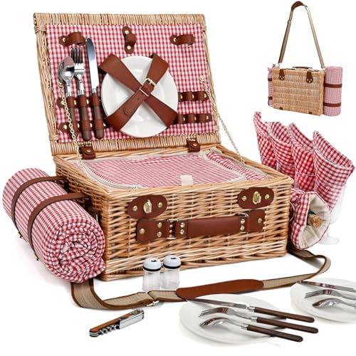 Picnic Basket with Blanket and Wine Pouch for 4, Wicker Picnic Set with Insulated Liner Cooler Bag Hamper for Camping,Wedding - Red Gingham - color: Red Gingham With Blanket for 4