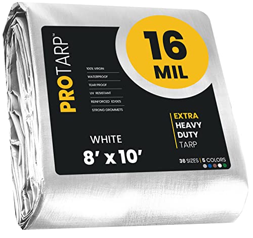 Extra Heavy Duty 16 Mil Tarp Cover, Waterproof, UV Resistant, Rip and Tear Proof, Poly Tarpaulin with Reinforced Edges for Roof, Camping, Patio, Pool, Boat. (White 8′ X 10′) - color: White-16 Mil, size: 8′ X 10′