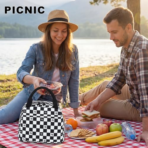 LEDAOU Lunch Box for Women Insulated Lunch Bag Corduroy Lunch Tote Bags Leakproof Cooler Lunch Case for Travel Work Picnic (Black Checkered Bow) - color: Black Checkered Bow