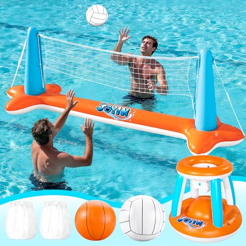 JOYIN XL Inflatable Pool Float Set, 125'' Volleyball Net & Basketball Hoops, Extra Large Floating Swimming Game Toy for Kids and Adults, Summer Floaties, Volleyball Court|Basketball, XL-Orange - color: Orange, size: X-Large