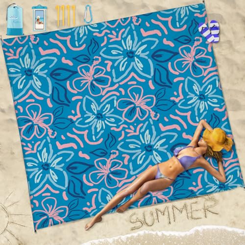 Famstar Beach Blanket Sandproof Waterproof 78''×110'' 1-7Adults Oversized,Compact Lightweight Durable Beach Mat for Travel Camping Hiking Picnic Blanket - color: Blue Flower, size: 78''×110''