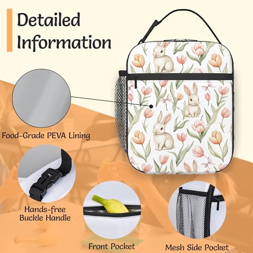 Cute Rabbit Easter Lunch Bag for Kids,Pink Bow Tulip Flower Insulated Lunch Box for Women, Large Capacity with Mutiple Pockets Gilrs Boys School Thermal Bag for Work,Picnic,Hiking - color: Cute Rabbit Easter