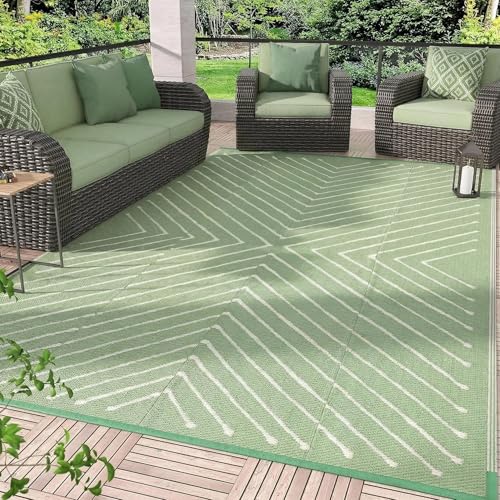 Garvee 8x10 Modern Striped Waterproof Outdoor Rug Reversible, Large Patio Camping Mat for RV, Backyard, Balcony, UV Protected Plastic Straw Outdoor Carpet, GreenWhite - color: Greenwhite, size: 8' x 10' (Rectangular)