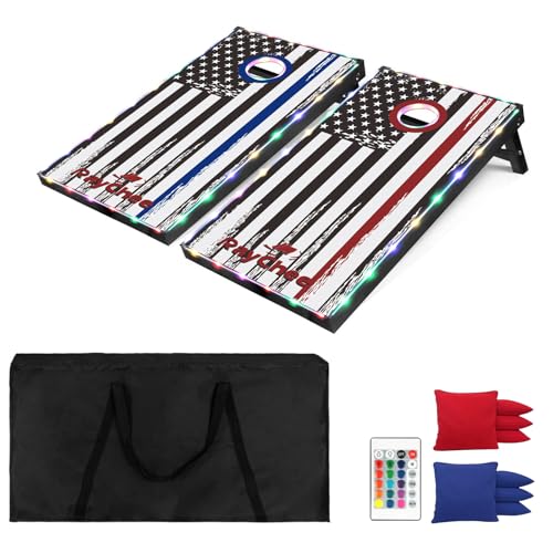 LED Cornhole Set, 3 x 2ft / 4 x2 ft Cornhole Board Game Set, Corn Hole Outdoor Game, Multi-Design with Light-Up Border, 8 Bean Bags, Carrying Case for Backyard, Beach, Lawn - color: American Flag, size: 3'x2'