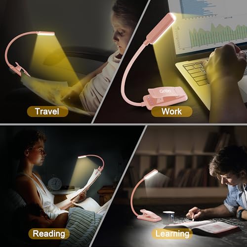 Gritin 9 LED Rechargeable Book Light for Reading in Bed - Eye Caring 3 Color Temperatures,Stepless Dimming Brightness,80 Hrs Runtime Small Lightweight Clip On Book Reading Light for Studying-Pink - color: Pink