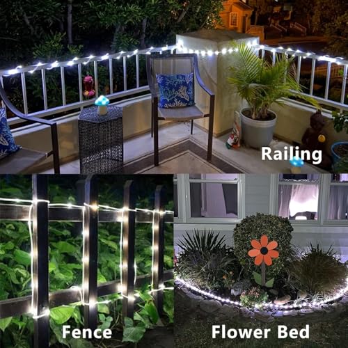 YEGUO Solar Rope Lights Outdoor Waterproof, 66ft 200 LED White String Lights, 8 Modes Fairy Lights in Clear Thin Tube - color: White