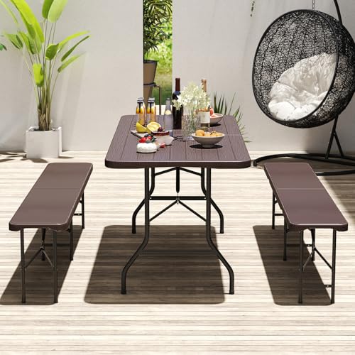Goplus 6ft Plastic Folding Table, 350 LBS Indoor Outdoor Heavy Duty Portable Folding Tables with HDPE Tabletop, Handle, Lock, Foldable Rectangle Utility Card Table for Picnic, Party, Camping, Dining - color: Brown