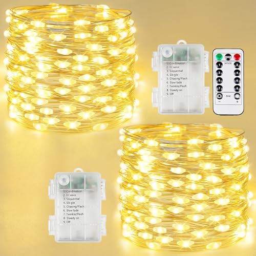 2 Pack Fairy Lights Battery Operated with Remote, 200LED 66FT Twinkle Lights Waterproof for Outdoor & Indoor, 8 Modes Battery String Light Timer for Christmas Party Birthday Home DIY Décor(Warm White) - color: Warm White, size: 2 Pack 200led