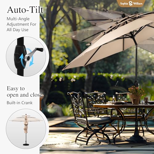 Sophia & William 10ft 3 Tier Auto-tilt Patio Umbrella,Wind Resistent,Outdoor Patio Umbrellas Double Vented Umbrella with Crank for Pool Garden Backyard, Beige - color: Beige