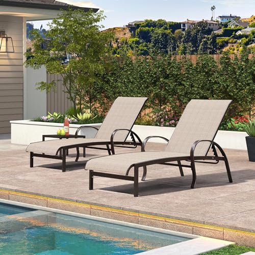 PURPLE LEAF Outdoor Chaise Lounge Chair Set of 3 Patio Pool Lounger Aluminum Chairs with Side Table Adjustable Tanning Recliner for Outside Yard Deck Lawn Garden Beach Khaki - color: Khaki, size: 2 Chairs & 1 Table