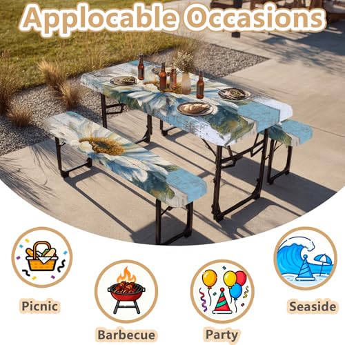 Picnic Table Cover with Bench Covers Elastic Edges, Outdoor Patio Camping Essentials 72 Inch 3PCS, Waterproof Camping Fitted Tablecloth with Handbags (Wood flower) - color: Wooden board watercolor chrysanthemums