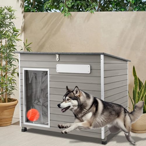 Gowoodhut Dog House Outdoor & Indoor Wooden Dog Kennel for Medium to Large Dogs,43.6" L Natural Fir Wood Dog Houses with Weatherproof Roof,Removable Floors,Raised Feet - size: 44" L x 30" W x 34" H
