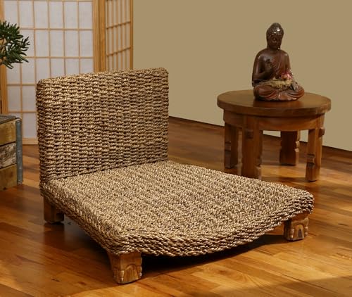 Serenity Meditation Floor Chair with Seagrass Woven Seat and Solid Mangowood Frame, Cushioned Seat, Wooden Legs, Natural Finish (Chocolate) - color: Chocolate