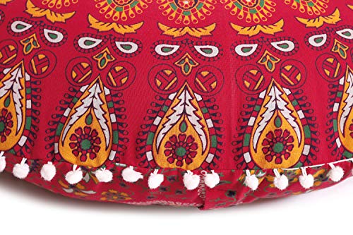 Popular Handicrafts Floor Pillow Cushion Cover - Hippie Mandala Cushion Cover Large with Pom Poms Soft Particles - Pouf Cover Round Bohemian Yoga Decor, 32" Red - color: Red, size: 32" x 32" (Pack of 1)