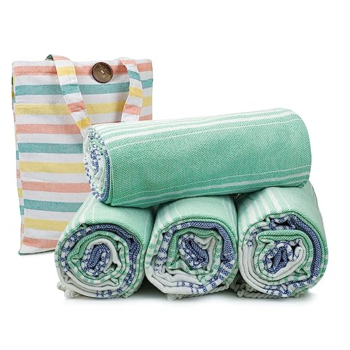 HILLFAIR Cotton Turkish Beach Towels, Quick Dry Lightweight Sand Free Peshtemal Towel for Bath Swim Yoga Spa Travel, Beach Accessories, Oversized Cotton Turkish Towels (39 x 72 inch- 4 Pack Mint Blue) - color: Mint Blue, size: 39 x 72 inch ( Beach towel -